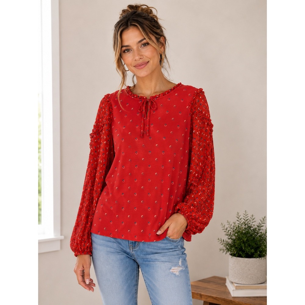 Maeve Anthropologie Red Geometric Dot Mixed Media Ruffle Tie Neck Blouse Medium